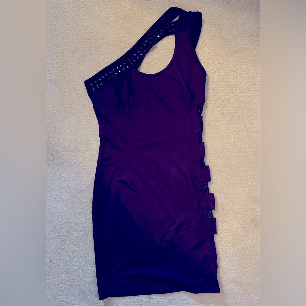 Unique Purple Clubbing One Shoulder Bodycon Lace Details Mini Dress S
